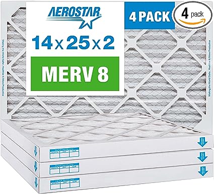 Aerostar 14x25x2 MERV 8 Pleated Air Filter, AC Furnace Air Filter, 4 Pack (Actual Size: 13 1/2" x 24 1/2" x 1 3/4")