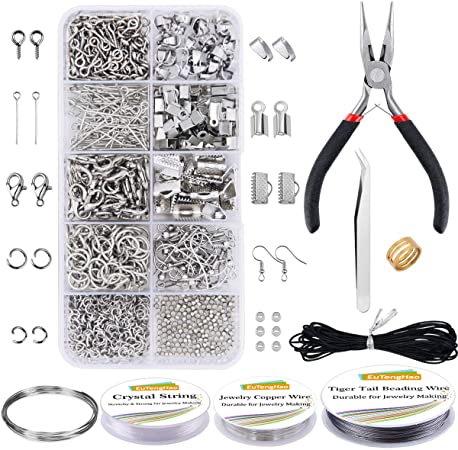 EuTengHao Jewelry Making Supplies Kit Jewelry Repair Tool Set with Jewelry Pliers Beading Wires Open Jump Ring Lobster Clasps Necklace Cord Ribbon Ends Jewelry Findings Making for Jewelry DIY Supplies