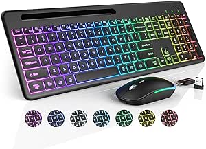 Wireless Keyboard and Mouse with 15 Backlit Effects, Rechargeable Keyboard Mouse Combo with Phone Holder, 2.4G Lag-Free, Silent Light Up Keyboard & Mouse Set for Windows, Mac, PC, Laptop -by SABLUTE