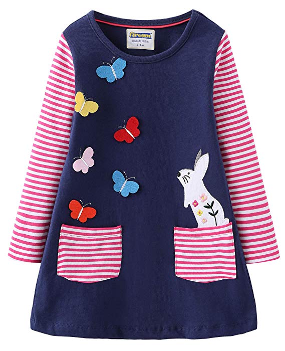 Fiream Toddler Girls Cotton Longsleeve Casual Dresses Applique Cartoon