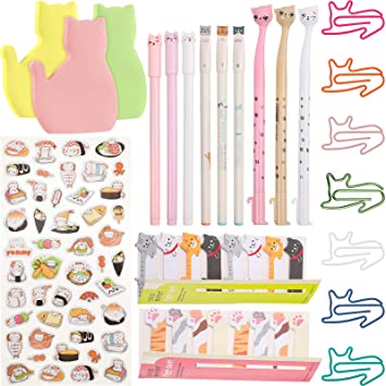 Cat Adhesive Notes Pen Set, Cat Self-Stick Page Flags with 9 Cat Gel Ink Pens 30 Cat Shaped Paper Clips and Cartoon Cat Stickers, Cat Index Tabs Kits for Home School Office