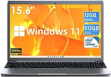 SGIN Laptop, Windows 11 15.6 inch 1080P Laptops Computer, 12GB DDR4 512GB SSD, Intel Celeron Quad-Core N5059 (up to 2.9 GHz), Intel UHD Graphics 600, Webcam, Mini HDMI, WiFi, Bluetooth 4.2, USB3.0