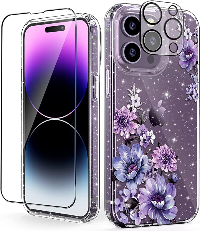 OKP [3 in 1 for iPhone 14 Pro Max Case Flower, with Screen Protector/Camera Lens Protector Cute Floral Pattern Clear Glitter Sparkly Bling Slim Hard Back Cover 6.7" for Women Girls, Purple Floral