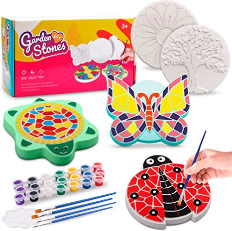 Rdfmy 5 Paint Your Own Stepping Stones DIY Craft Kit, Multipack with Turtle, Ladybug, Butterfly, Tree & Flower Ceramic Stepping Stones, Fun Arts & Crafts Painting Activity for Kids Ages 3, 4, 5, 6