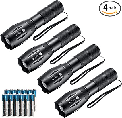 LED Flashlights,4pack Tactical Flashlight High Lumens Lights with 12Pack AAA Batteries Portable Waterproof Zoomable FlashLight with 5 Mode For Camping/Outdoor/Hiking/Gift-Giving/Emergency(Black-4pack)