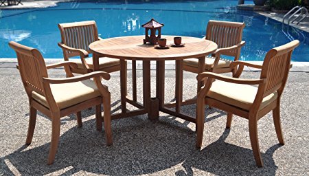New 5 Pc Luxurious Grade-A Teak Dining Set: 48" Round Butterfly Table and 4 Arbor Arm Stacking Chairs