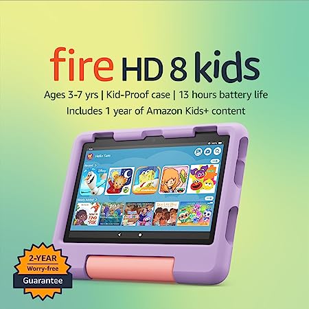 Amazon Fire HD 8 Kids tablet, 8" HD display, ages 3-7, includes 2-year worry-free guarantee, Kid-Proof Case, 64 GB, (2022 release), Purple