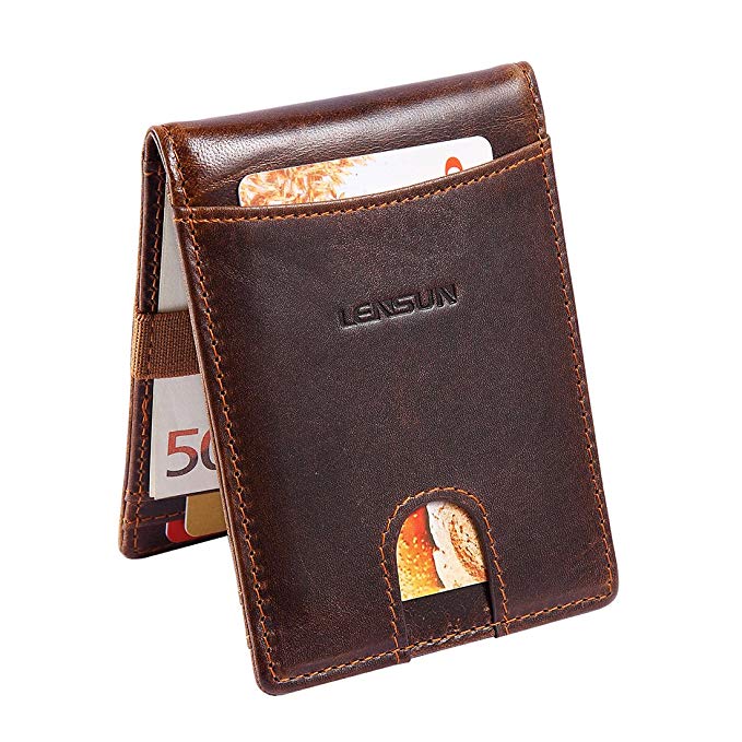 Men's Card Wallet, Lensun RFID Blocking Genuine Leather Credit Card Holder | Slim Money Clip | Travel Wallets | Minimalist Mini Wallet | Gifts for Men with Gift Box – Dark Brown (QB-QJ-DB)