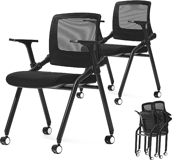 FYLICA [2 in 1 Foldable Office Chair with PU Wheels and Sliding Armrest-Ergonomic Mesh Bouncing Back, Stackable Conference Room Chair, Office Guest & Reception & Meeting Chair (Black)