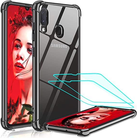 LeYi Compatible with Samsung Galaxy A20 / A30 Case with 2 Glass Screen Protector, Silicone Shockproof Crystal Clear Hard PC Bumper Transparent Slim Phone Cover Cases for Samsung A20/A30 Rose Black