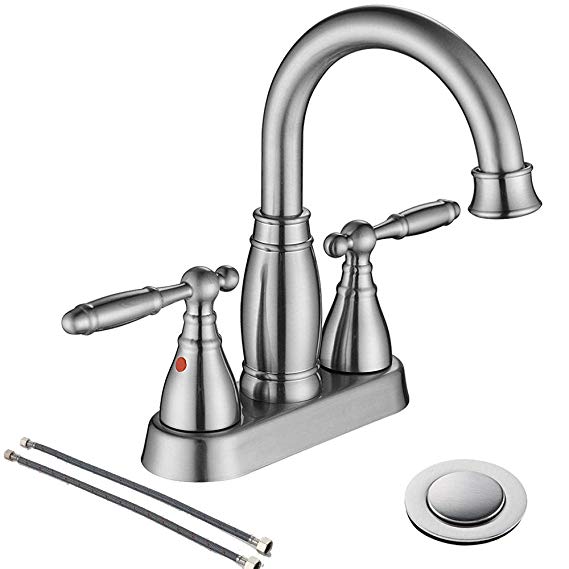 Brushed Nickel 2 Handle Stainlees Steel Lavatory Bathroom Faucet By Phiestina, Modern Contemporary Centerset Bathroom Faucet For Sink With Copper Pop Up Drain And Water Supply Lines, BF17-4-BN