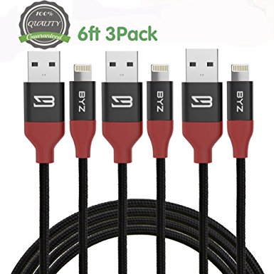 BYZ Lightning Cable 6ft/1.8m IPhone Charger Nylon Braided USB cable Sync & Charging Cord for iPhone 7 Plus 7 6S Plus 6 Plus SE 5S 5C 5, iPad 2 3 4 Mini, iPad Pro Air, iPod [3 PACK]