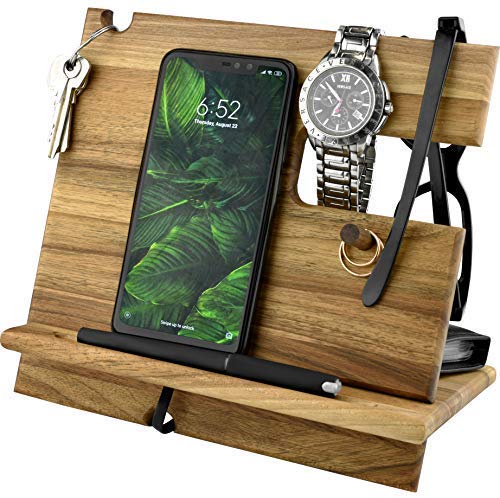 Natural Walnut Eco Wood Cell Phone Stand Watch Holder. Men Wireless Device Dock Accessory Organizer. Mobile Base Nightstand Charging Docking Station. Wooden Storage Funny Birthday Bed Side Caddy Valet