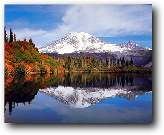 Mount Rainier Lake Reflection With Snow Mountain Scenery Landscape Art Print Poster (16x20)