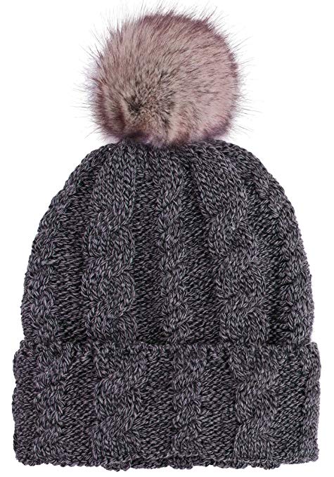 ARCTIC Paw Braided Heather Cable Knit Beanie with Faux Fur Pompom