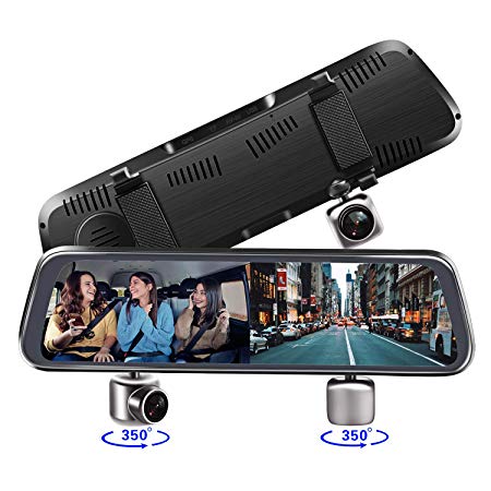 Mirror Dash Cam, 10 Inch 2-Split Full Touch Screen Dual Lens 350° Rotating Front 1080P Inside 720P with Parking Monitor,G-Sensor,Night Vision, Dash Camera for Cars Uber Lyft Truck Taxi