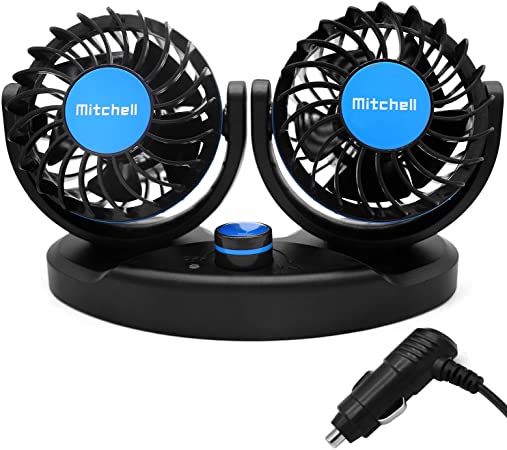 QIFUN 12V Car Fan, Electric Car Cooling Fan with 360° Rotatable Stepless Speed Dual Head Fan with Cigarette Lighter Plug for Vehicles, SUV, RV, Boat