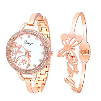 Xinge Womens Shell Dial Rose Gold Bangle Watch and Butterfly Bracelet Set 388-R