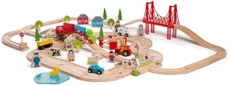 Bigjigs Rail 80pc Rural Road and Rail Wooden Train Set - Kids Train Set with 80 Bigjigs Train Accessories incl. Bridges & a Level Crossing for Pretend Play