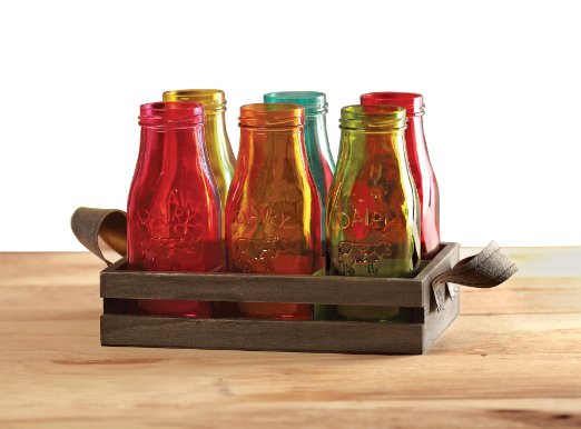 Palais Glassware® High Quality Milk Bottles (Full Colored Aqua/green/red/fuschia/orange/yellow Set of 6 'Dairy' Embossed with Wooden Tray, 10.5 Ounce)