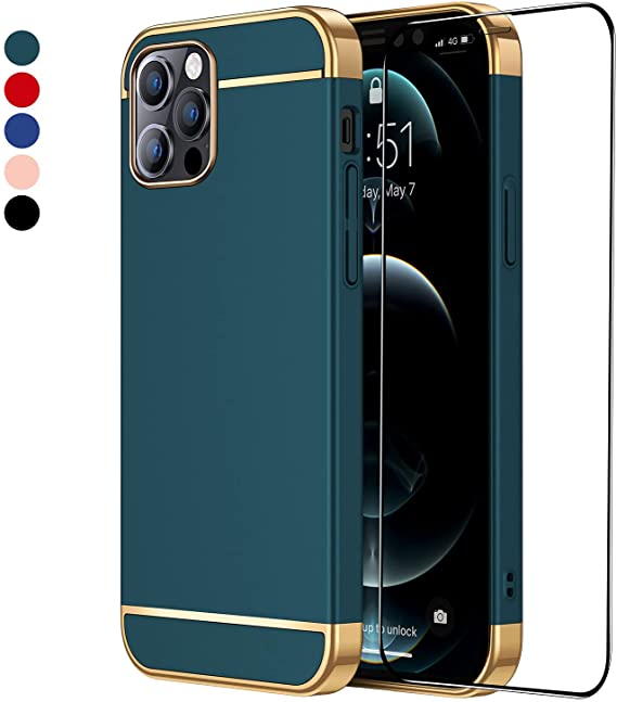 CROSYMX Slim Fit Compatible with iPhone 12 Pro Max Case with [1 x Screen Protector], Ultra Thin Hard Plastic Protective Cover Shockproof Drop Protection 5G Case(6.7 inch) 2020 - Dark Green