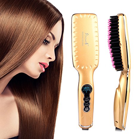 Hair Brush Straightener, Hair Straightening Brush, Straightener Brush with LED Temperature Display for Silky & Straight Hair (Golden)