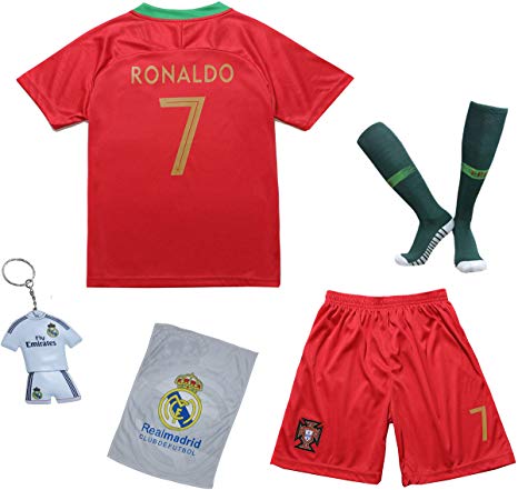 KID BOX 2018 Portugal Cristiano Ronaldo #7 Home Red Kids Soccer Football Jersey Gift Set Youth Sizes