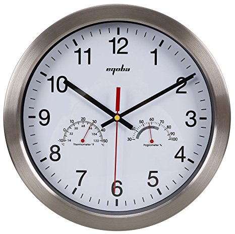 12" Quartz Round Silent Metal Frame Digital Wall Clock No Ticking w/ Temperature & Humidity Stats, White