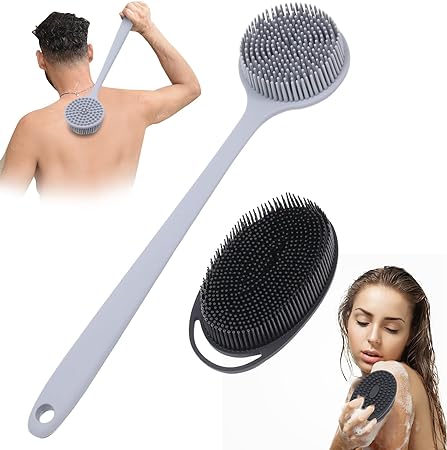2PCS Silicone Back Scrubber for Shower with Long Handle Bath Body Brush, Silicone Exfoliating Body Scrubber Fit for Sensitive Skin, Rapid Foaming Soft Silicone Loofah, BPA-Free Eco-Friendly, Black