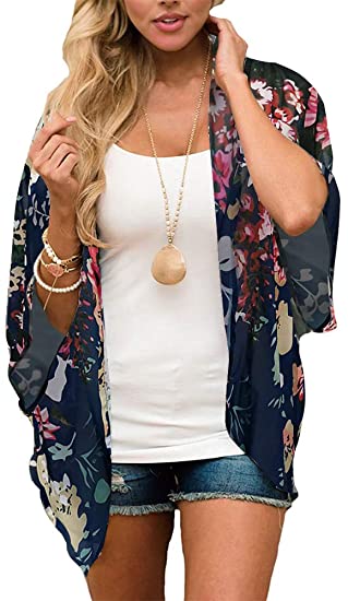 Women's Floral Print Puff Sleeve Kimono Cardigan Loose Cover Up Casual Blouse Tops