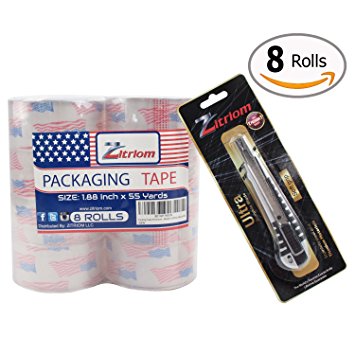 Packing Tape with Retractable Razor Knife Included Ultra Adhesive Clear Packaging - Box and Package Sealing Rolls for Shipping and Mailing - Fits Any Standard Guns and Dispensers (Set of 8)