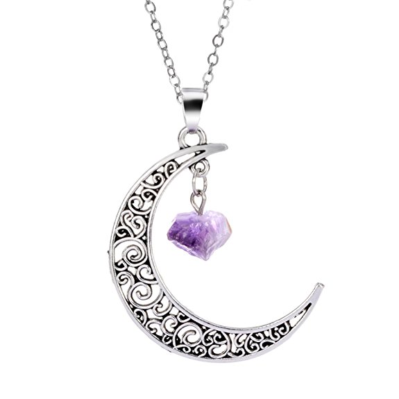 Sedmart Amethyst Crescent Necklace Rose Quartz Bronze Pendant Gemstone Jewelry Fathers Day Gifts