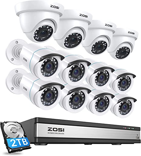 ZOSI 1080p 16 Channel Security Camera System, H.265  16 Channel DVR with Hard Drive 2TB and 12 x 2MP Weatherproof Surveillance CCTV Bullet Dome Camera Outdoor Indoor, 80ft Night Vision, 90° View Angle