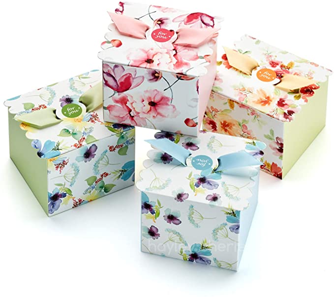 Hayley Cherie Gift Treat Boxes with Ribbons (20 Pack) - Thick 350gsm Card - 4" x 4" x 3.2" Inches - for Favors, Baby Showers, Christmas, Bridesmaids, Parties, Birthdays, Weddings - Floral Designs