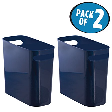 mDesign Slim Wastebasket Trash Can with Handle for Bathroom or Office - Pack of 2, Navy