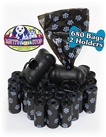 Matty's Pet Stop 680 Count (34 Rolls) Unscented Dog Waste/Poop Bags with 2 Dispensers - Black Paw Print Design