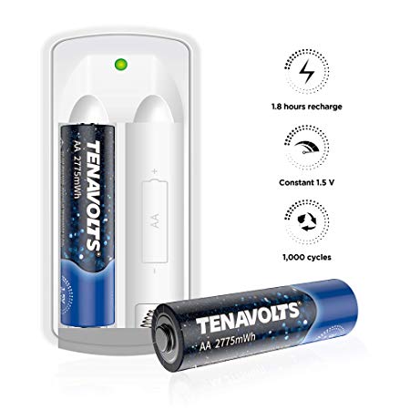 TENAVOLTS First Generation Rechargeable Lithium/Li-ion Batteries, AA Rechargeable Batteries, Micro USB Charger Included, Constant Output at 1.5V,Quick Charge,2775 mWh Electrical core Power- 2 Count