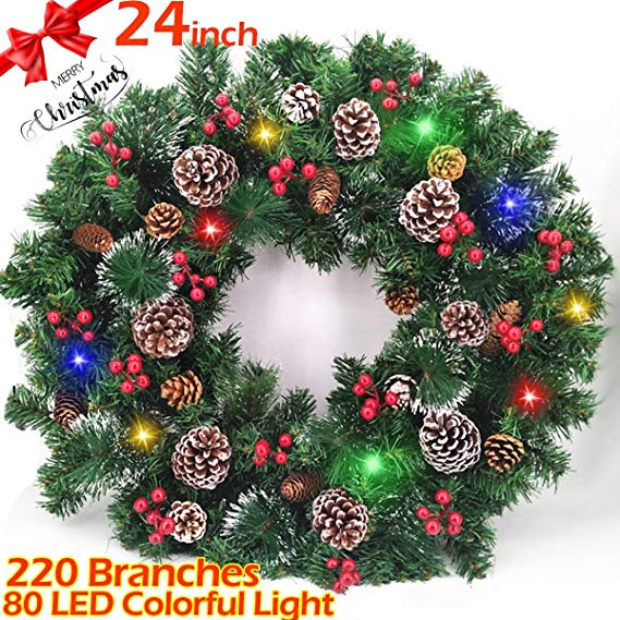 TURNMEON 24 Inch Christmas Wreath for Front Door with 80 LED Light 220 Branch Cedar Leaves, Silver Bristle, Cones, Red Berries and Battery Operated Christmas Decorations