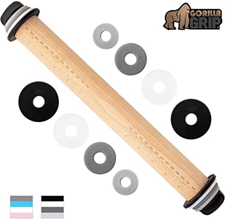 Gorilla Grip Premium Rolling Pin, Adjustable Dough Roller Solid Beechwood, Removable Thickness Rings to Measure Doughs Professional Home Kitchen Baking Utensil for Pizza Pies, Black Gray White Lt Gray