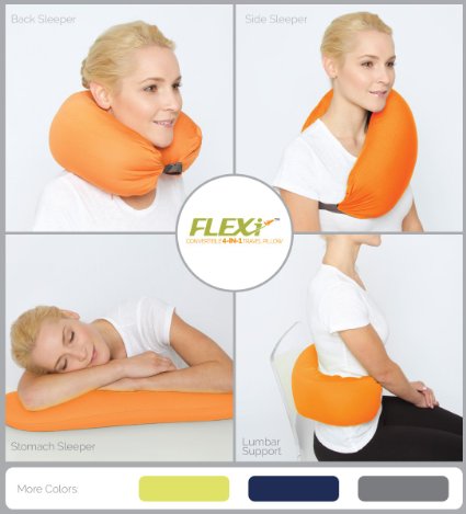 The Original FLEXi 4-in-1 Convertible Travel Pillow for Side, Stomach and Back Sleepers. Lumbar Support. Features Adjustable Strap and Travel Bag. Four colors. Washable. (Orange)