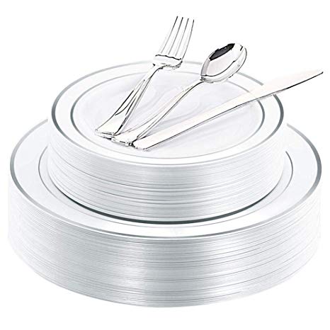 WDF 40Guest Silver Plastic Plates with Disposable Plastic Silverware- Plastic Tableware sets include 40 Dinner Plates, 40 Salad Plates,40 Forks, 40 Knives, 40 Spoons