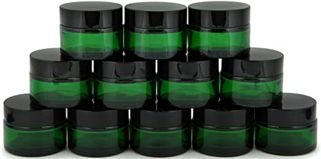 Vivaplex, 12, Green, 1 oz, Round Glass Jars, with Inner Liners and black Lids