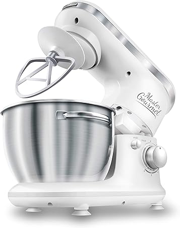 Sencor STM3620WH 6 Speed Stand Mixer with Pouring Shield and 4 Specialized Metal Attachments and Stainless Steel Bowl, 4.2 Qt, White
