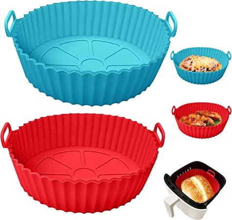 Ailun 2 Pack Air Fryer Silicone Liners Pot, 8 Inch Replacement of Parchment Paper Liners, Non-Stick, Food Grade Reusable Air Fryer Baking Accessories (Red Blue, Top 8 inch, Bottom 6.5 inch)