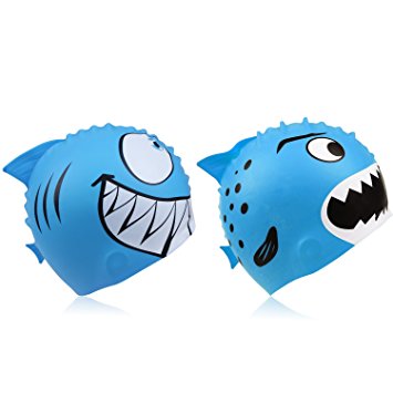 Kids Swim Caps(2-Pack), E-TECHING Fun Design Silicone Swim Cap for Boys and Grils Aged 3-12