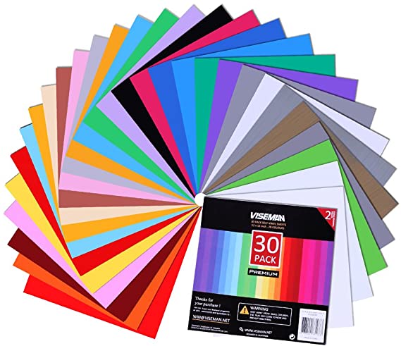 Adhesive Vinyl Sheets - 12'' X 12'' Premium Permanent Glossy Self Vinyl Craft Paper with 2 Clear Transfer Tap Cutters (30 Pack)