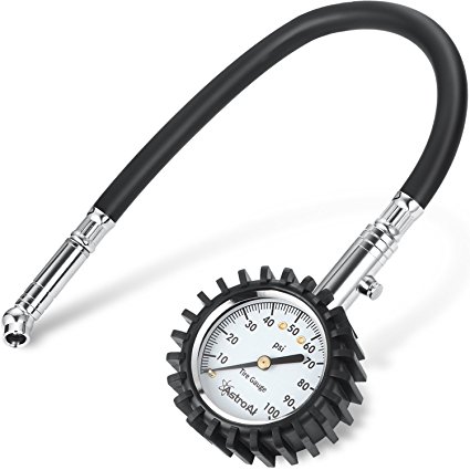 AstroAI Car Tire Pressure Gauge 100 PSI Steel Made Heavy Duty for Truck Motorcycle with Integrated Bleed Button, Rubber Hose