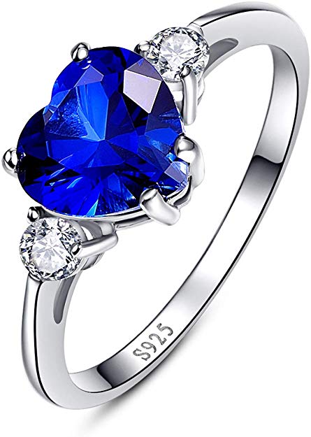 BONLAVIE Women's Created Blue Sapphire 925 Sterling Silver Anniversary Valentine Heart Promise Ring