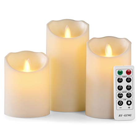 RY King Indoor Outdoor Large Flameless Candles Led Battery Operated - with Remote Control Timer Flickering Flame White Pillar Candle Lights - Set of 3 Unscented 4" 5" 6"