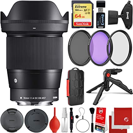 Sigma 16mm f/1.4 DC DN Contemporary Lens Canon EOS EF-M Mount Bundle with 64GB Memory Card, 3 Piece Filter Kit, Wrist Strap, Card Reader, Memory Card Case, Tabletop Tripod